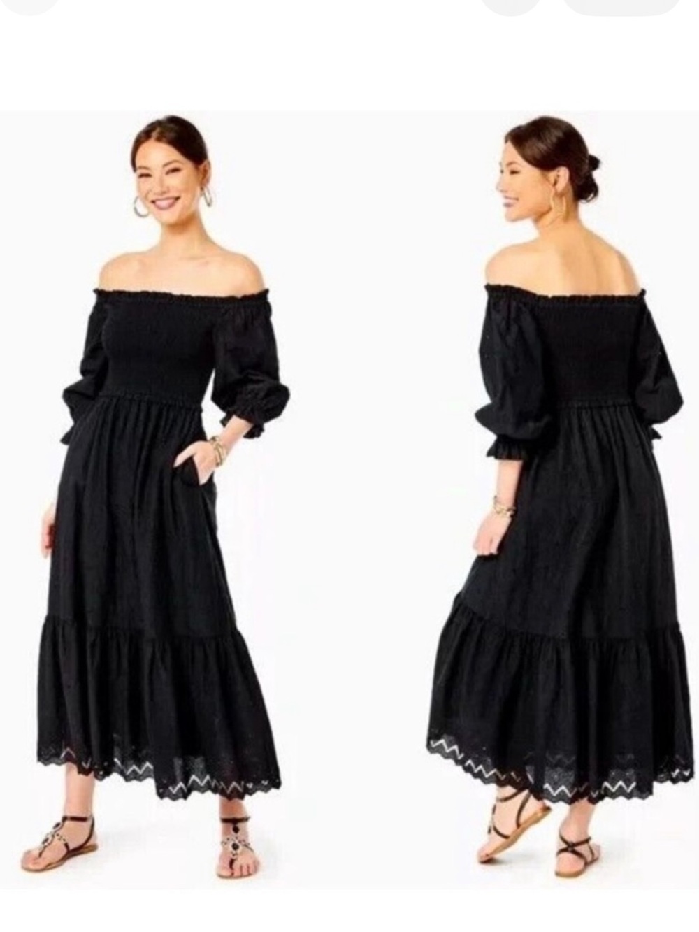 Lilly Pulitzer Arlynn Black Off-the-Shoulder Eyelet Maxi Dress - Medium